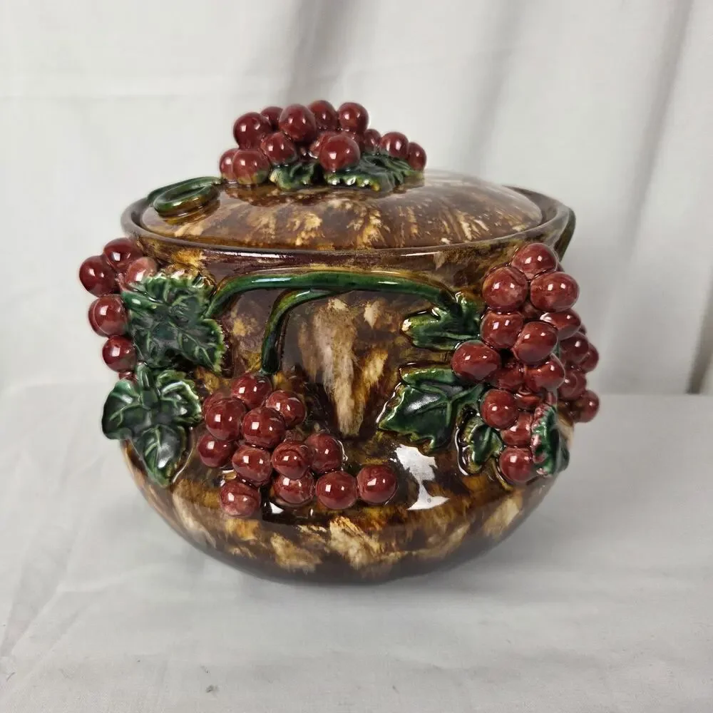 Vintage Austrian Majolica Biscuit Cookie Jar Ceramic 3D Grape Leaves Currants